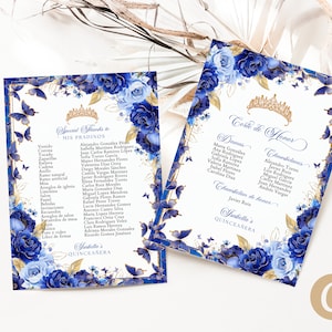 Modello di tela di lista Royal Blue Gold Floral Butterfly Princess Quinceanera Mis Padrenos, Royal Blue Gold Quince Corte De Honor Digital QB0028