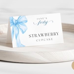 Etichetta alimentare per il 40° compleanno con fiocco blu per ragazze e ragazzi, biglietto da buffet per 40 anni con tema fiocco crocchette, download digitale, modello modificabile BP0098