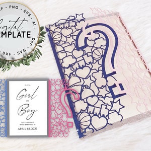 5X7 "Plantilla de tarjeta de invitación de revelación de género para la fiesta de revelación de género - Svg, AI, Eps, Dxf, Jpg, Png, Silhouette, Cricut