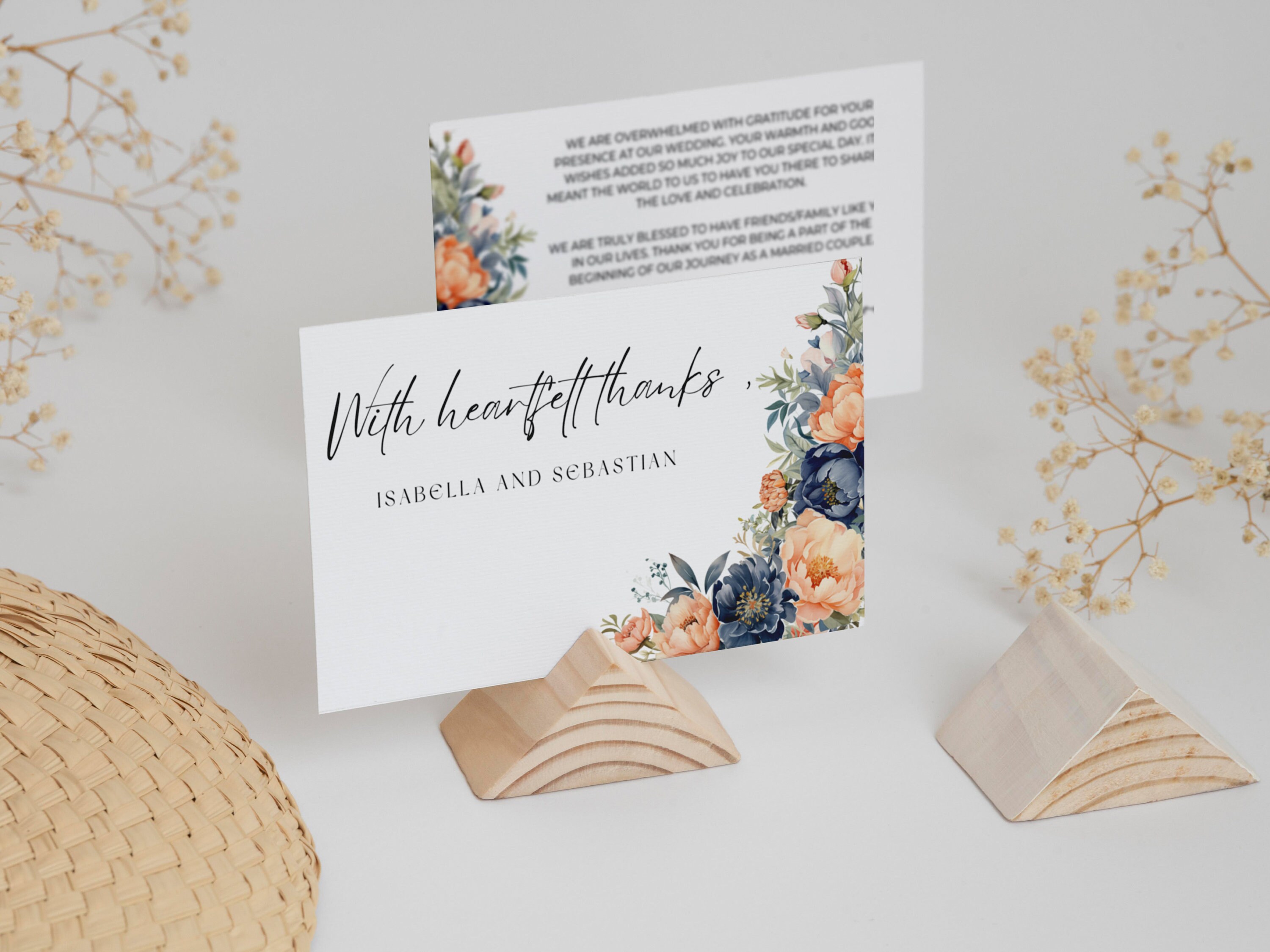 Editable Peach Fuzz & Navy Blue Floral Wedding Thank You Card Template ...