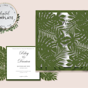 6"x6" Gate Fold Tropical Monstera Leaves Summer Wedding Quinceanera Birthday Laser Cut Template Cover -SVG Silhouette Cricut - Digital -019A