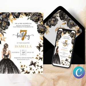 Invitation à thème floral de jardin magique, modèle d’anniversaire de papillon princesse, invitation de fille en or noir, élégant enchanteur fantaisiste imprimable