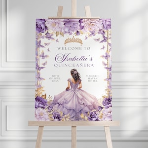 Bewerkbare Lila Paars Gouden Bloemen Vlinder Prinses Quinceanera Welkom Teken Canva Sjabloon, Lila Kweepeer Welkom Banner Poster QB0029