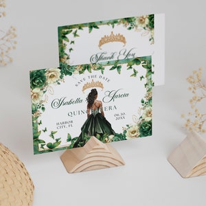Emerald Green Gold Floral Butterfly Princess Quinceanera Save the Date Invitation Canva Template, Quince Invite RSVP Thank you Card QB0030 image 5