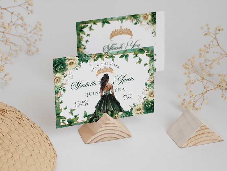 Emerald Green Gold Floral Butterfly Princess Quinceanera Save the Date Invitation Canva Template, Quince Invite RSVP Thank you Card QB0030 image 5