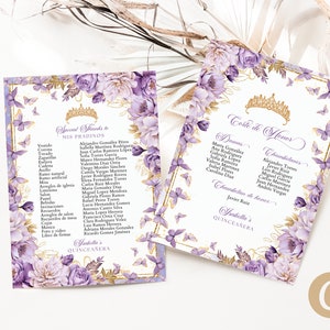 May include: Purple and gold Quinceañera program with a floral design and butterflies. The program lists the names of the special friends and family members of the Quinceañera, including the maid of honor and the court of honor.