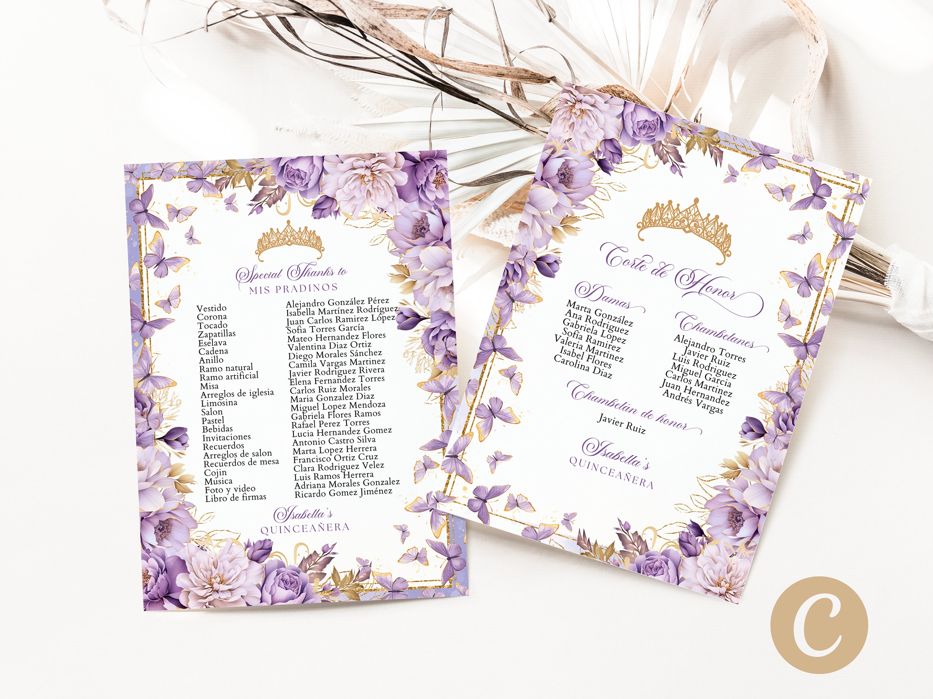 Lilac Gold Floral Butterfly Princess Quinceanera Mis Padrenos List Canva Template, Lilac Purple Gold Quince Corte De Honor Digital QB0029