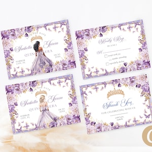 Lila Gold Blumen Schmetterling Prinzessin Quinceanera Save the Date Einladung Canva Vorlage, Lila Quitte Einladen Antwortkarte Antwortkarte QB0029
