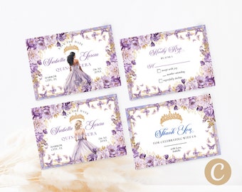 Lilac Gold Floral Butterfly Princess Quinceanera Save the Date Invitation Canva Template, Lilac Quince Invite RSVP Thank you Card QB0029