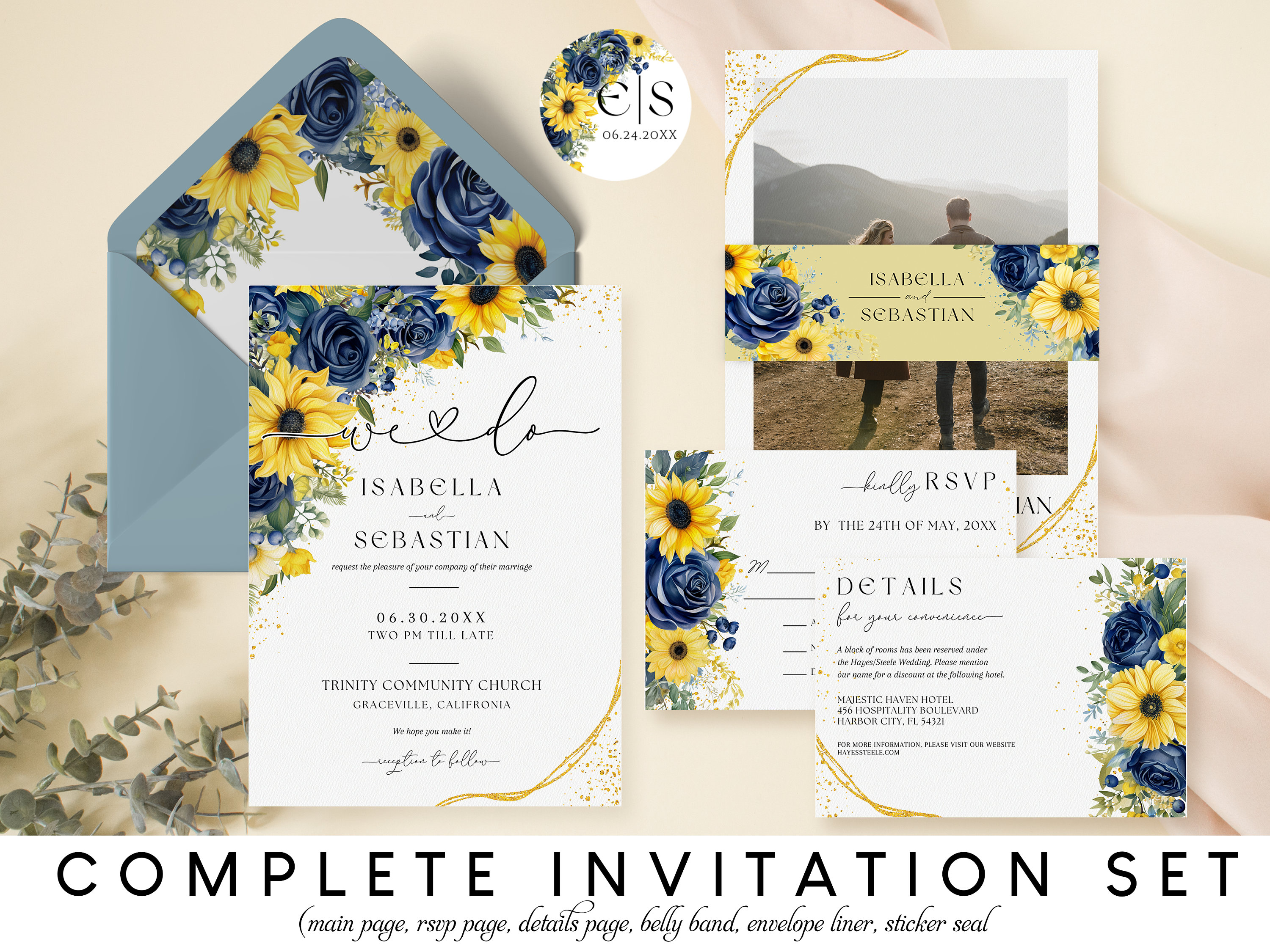 Navy Blue &amp; Mustard Yellow Wedding Invitation, Sunflower Peonies ...