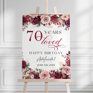 Plantilla de cartel de bienvenida de 70 cumpleaños para madre abuela, cartel de bienvenida a la fiesta de cumpleaños del jubileo de platino, floral rosa burdeos, 70 años de amor