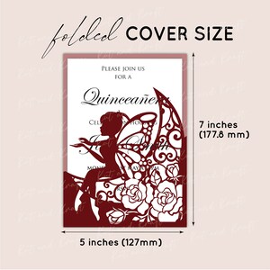 May include: Red laser cut invitation with a fairy design. The invitation is 7 inches tall and 5 inches wide. The text on the invitation reads "Please join us for a Quincea&ntilde;era".