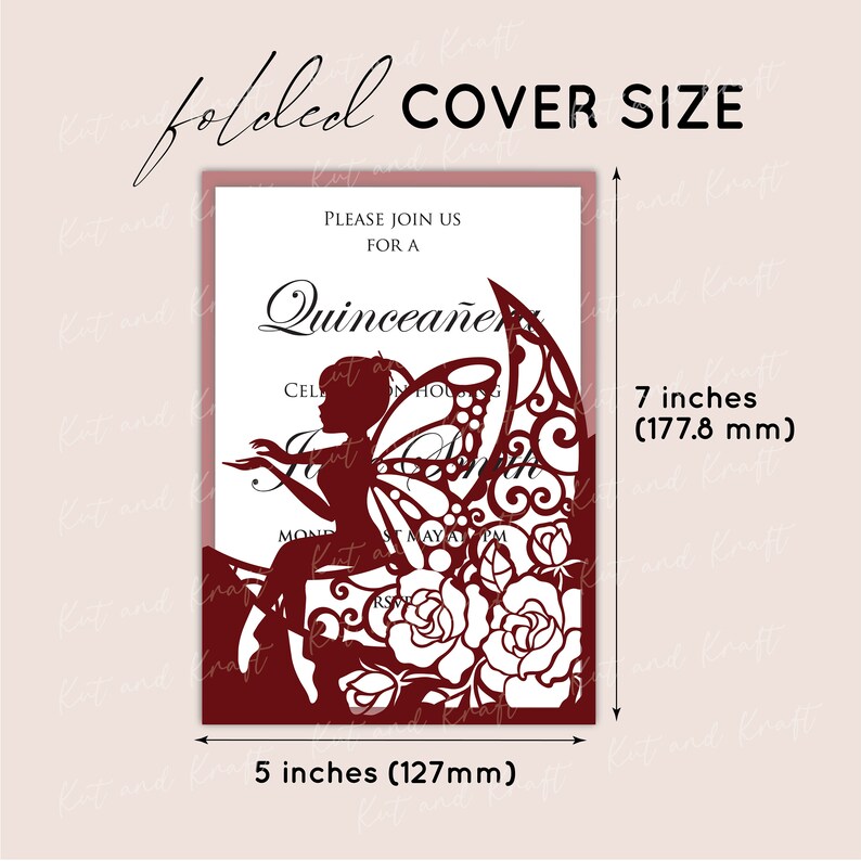 May include: Red laser cut invitation with a fairy design. The invitation is 7 inches tall and 5 inches wide. The text on the invitation reads "Please join us for a Quincea&ntilde;era".