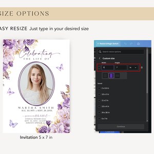 Puede incluir: Una plantilla de invitaci&oacute;n personalizable con un dise&ntilde;o floral morado y un espacio reservado para una foto. El texto "Celebrating the Life of" est&aacute; en la parte superior de la plantilla. El texto "Martha Smith" est&aacute; debajo del espacio reservado para la foto. El texto "Invitation 5 x 7 in" est&aacute; en la parte inferior de la plantilla. La plantilla se muestra en una herramienta de dise&ntilde;o digital con una opci&oacute;n de cambio de tama&ntilde;o.