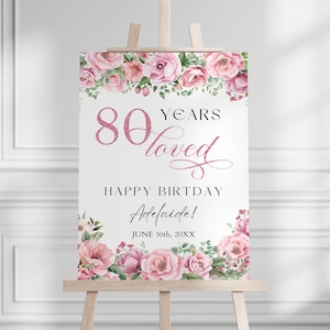 Plantilla de cartel de bienvenida de 80 cumpleaños para madre abuela mujer, cartel de cartel de bienvenida de fiesta de cumpleaños octogenario rosa floral de 80 años JPG