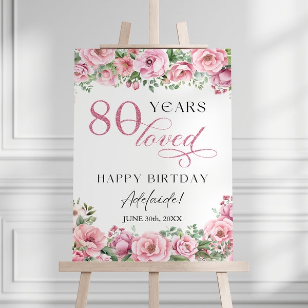 Modèle de plaque de bienvenue 80e anniversaire pour mère et grand-mère, affiche florale rose 80 ans, fête d'anniversaire octogénaire, plaque de bienvenue, affiche JPG
