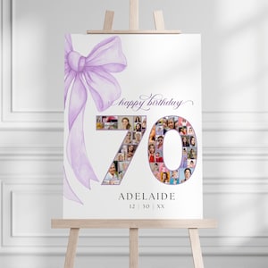 Lila Schleife 70. Geburtstag Foto-Collage Poster für Mutter Oma Frau, Flieder Schleife Thema 70 Jahre geliebt Platinum Jubiläumsfeier Zeichen BP0114