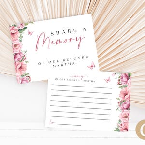 Pink Wildflower Butterfly Funeral Share A Memory Card for Woman Canva Template, Memorial Service Favorite Memory, Keepsake Card Guest FS0004