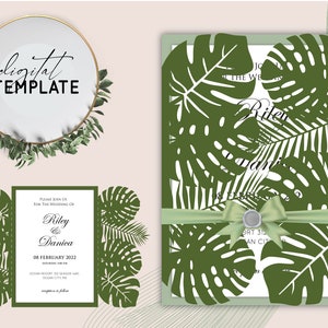 5x7 Gate Fold Tropical Monstera Leaves Summer Wedding Quinceanera Birthday Laser Cut Template Cover -SVG Silhouette Cricut - Digital -019A