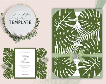 5x7 Gate Fold Tropical Monstera Leaves Summer Wedding Quinceanera Birthday Laser Cut Template Cover -SVG Silhouette Cricut - Digital -019A