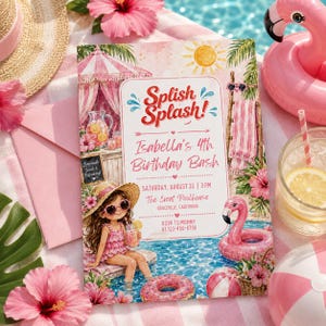 May include: A rectangular birthday invitation card featuring a pool party theme with pink and white colors. The text reads Splish Splash! Isabella's 4th Birthday Bash, Saturday, August 30, 3 PM, The Event Poolhouse, Graceville, California, RSVP to Mommy at 123-456-6790.