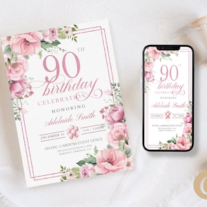 Plantilla de Canva para invitación a fiesta de 90 cumpleaños para madre abuela, invitación móvil con flores en rosa pastel y 90 años de amor para nonagenarias BP0040