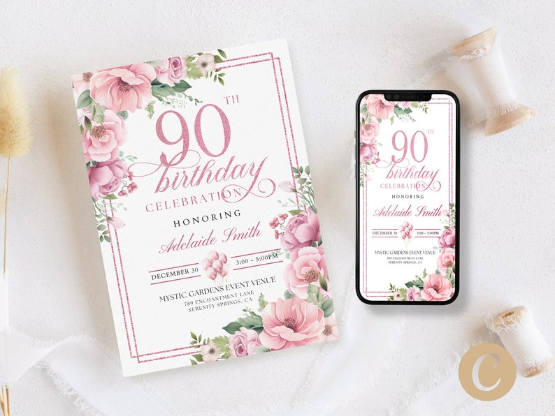 Peut inclure: Une invitation d'anniversaire de style floral rose et blanc avec des accents dor&eacute;s. L'invitation indique "90e anniversaire C&eacute;l&eacute;bration en l'honneur d'Adelaide Smith" avec la date et l'heure de l'&eacute;v&eacute;nement. L'&eacute;v&eacute;nement a lieu au Mystic Gardens Event Venue, 799 Enchantment Lane, Serenity Springs, CA.
