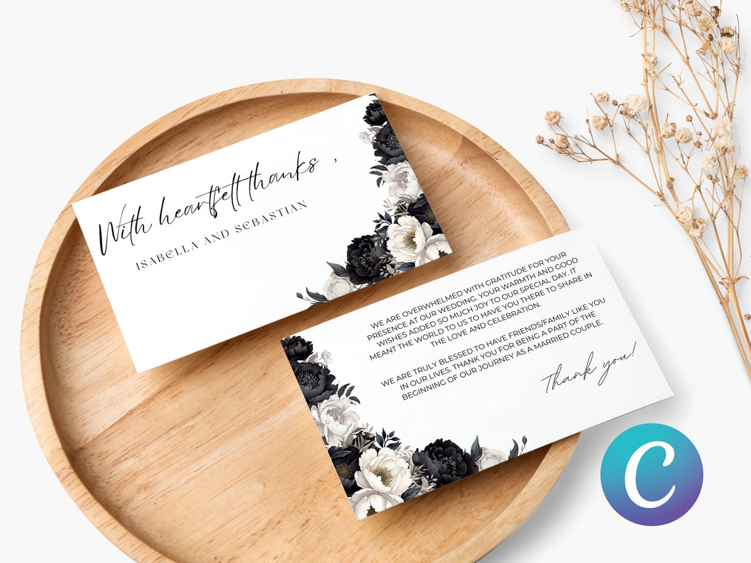 Editable Elegant Minimalist Black & White Floral Wedding Thank You Card ...