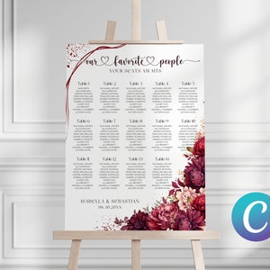 Grafico dei posti a sedere per matrimoni grandi rosso bordeaux, modello di tela floreale di peonie di crisantemo Dahlia, acquerello elegante minimalista semplice e moderno