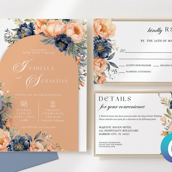 Peach & Navy Blue Floral Wedding Invitation Canva Template, Instant Download Digital, Invitation Suite, Elegant Minimalist Peonies Invite