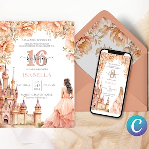 Invitation au thème du conte de fées magique, modèle d’anniversaire du château de princesse, invitation au diadème de fille Peach Fuzz, élégant enchanteur fantaisiste imprimable