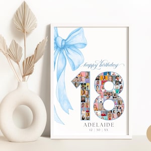 Blue Bow 18th Birthday Photo Collage Poster di compleanno per ragazze e ragazzi, numero 18 anni Photo Party Sign, regalo per lei e lui, digitale BP0105