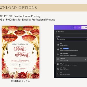 K&ouml;nnte beinhalten: Eine digitale Einladung zu einer Haldi- und Mehndi-Zeremonie. Die Einladung zeigt ein florales Design mit roten und goldenen Akzenten. Der Text auf der Einladung lautet: "Wir bitten Sie herzlich, an der Feier des Haldi und Mehndi von Ayesha Sharma teilzunehmen, am Samstag, den 24. August, um 14:00 Uhr in der Residenz von Ayesha, Granada, Kalifornien. Einladung 5 x 7 Zoll."