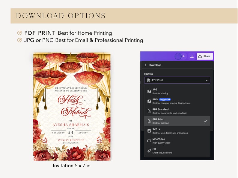 K&ouml;nnte beinhalten: Eine digitale Einladung zu einer Haldi- und Mehndi-Zeremonie. Die Einladung zeigt ein florales Design mit roten und goldenen Akzenten. Der Text auf der Einladung lautet: "Wir bitten Sie herzlich, an der Feier des Haldi und Mehndi von Ayesha Sharma teilzunehmen, am Samstag, den 24. August, um 14:00 Uhr in der Residenz von Ayesha, Granada, Kalifornien. Einladung 5 x 7 Zoll."