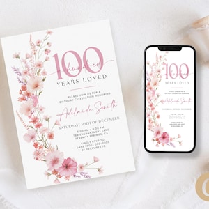 Blush roze 100 jaar geliefde verjaardagsuitnodiging voor vrouw, bloemen 100 jaar oude RSVP mobiele digitale download, bewerkbare canva-sjabloon BP0081
