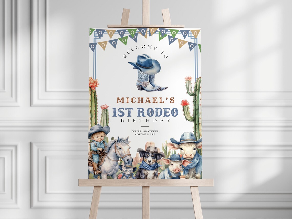 My First Rodeo Theme Sign Editable My First Blue Rodeo Birthday Welcome Sign Canva Template, Blue ...