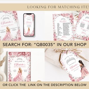 May include: A set of printable Quincea&ntilde;era party decorations featuring a pink and gray floral design with a crown and the text "Isabella's Quincea&ntilde;era".