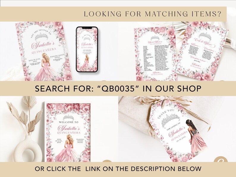 May include: A set of printable Quincea&ntilde;era party decorations featuring a pink and gray floral design with a crown and the text "Isabella's Quincea&ntilde;era".