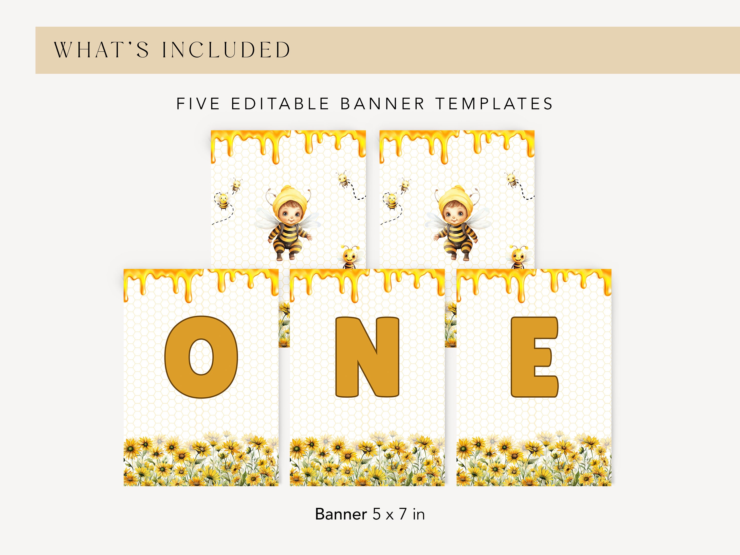 Editable First Bee Day Birthday Highchair Banner Canva Template, Honey ...