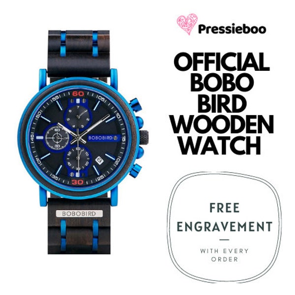 Orologio in legno inciso 2021 Personalizzato ufficiale Bobo Bird Nuovo orologio in legno Uomo Cronografo di lusso di lusso Orologi al quarzo blu