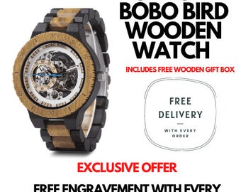 BOBO BIRD official UK supplier Wooden Watch Engraved Bobo Bird New Wooden Watch Men Automatic Mechanical Wood Watches for Men R05-1