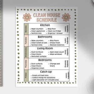 May include: A printed "Clean House Schedule" on a white paper, featuring a floral design and a list of cleaning tasks for each day of the week. A metal ruler is on the left side of the image.
