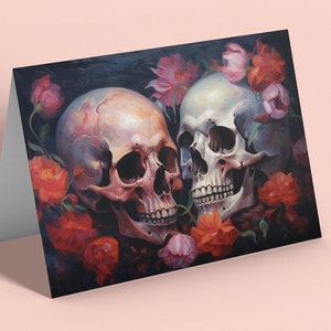 Teschi e fiori Partecipazione di matrimonio gotico Pittura a olio Stampa Scheletri Goth Matrimonio Fidanzamento Congratulazioni Anniversario Teschi Morte oscura