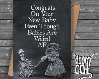 Custom New Baby Card Greetings Birth Mum Mom Dad Vintage Cats Kittens Creepy Witchy Greeting Black Gothic Cat Personalised Witch Goth Shower