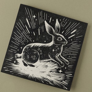 Konijn verjaardagskaart groeten konijn bedankt magische nep digitale linosnede blokdruk zwart wit monochroom schattig gotische goth knot gewoon kunst
