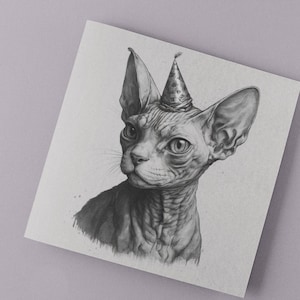Carte d'anniversaire chat Sphynx Gothique Art numérique gothique croquis Jolie carte de voeux sombre Carré de célébration personnalisé