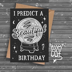 Witchy Carte d’anniversaire Goth Salutations personnalisées « Bel anniversaire » Happy Black Gothic Boule de cristal personnalisée Votre propre message Future Spooky