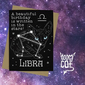 Waage Geburtstagskarte Goth Gothic Doom Katze Sphynx Space Stars Witchy Greetings Karte Happy Black Personalisierte Sternzeichen Doom Katze