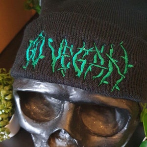 Vegan Beanie Embroidered Cap Hat Black Veganism &quot;Go Vegan&quot; Vines text Artivism Activism Warm Cuffed Clothing Apparel Winter Green Goth