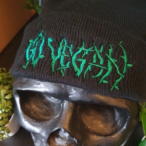 Vegan Beanie Embroidered Cap Hat Black Veganism "Go Vegan" Vines text Artivism Activism Warm Cuffed Clothing Apparel Winter Green Goth